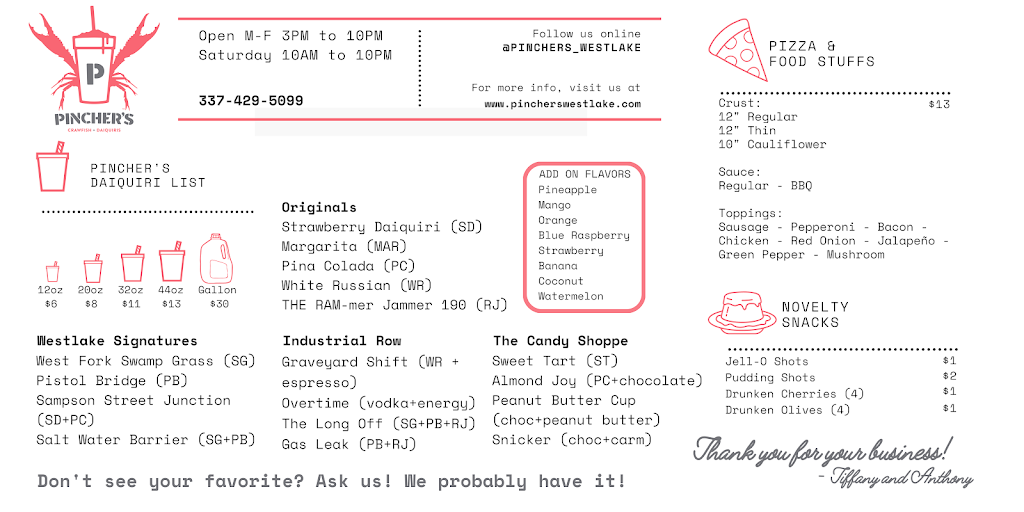 Pinchers Crawfish & Daiquiris | restaurant | 920 Sampson St Ste A, Westlake, LA 70669, USA | 3374295099 OR +1 337-429-5099