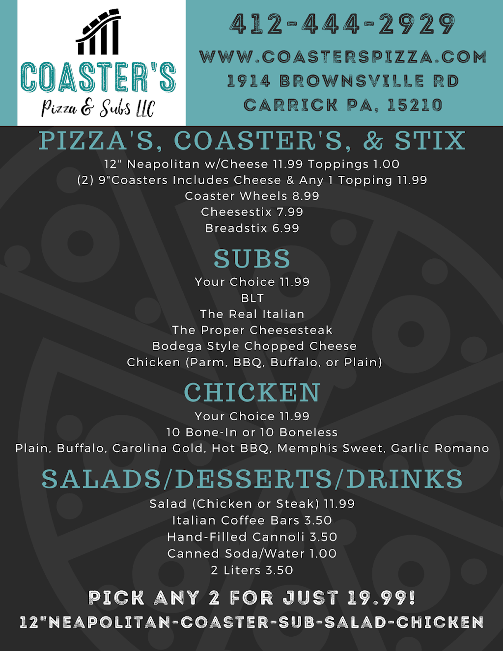 Coasters Pizza & Subs LLC | restaurant | 1914 Brownsville Rd, Pittsburgh, PA 15210, USA | 4124442929 OR +1 412-444-2929