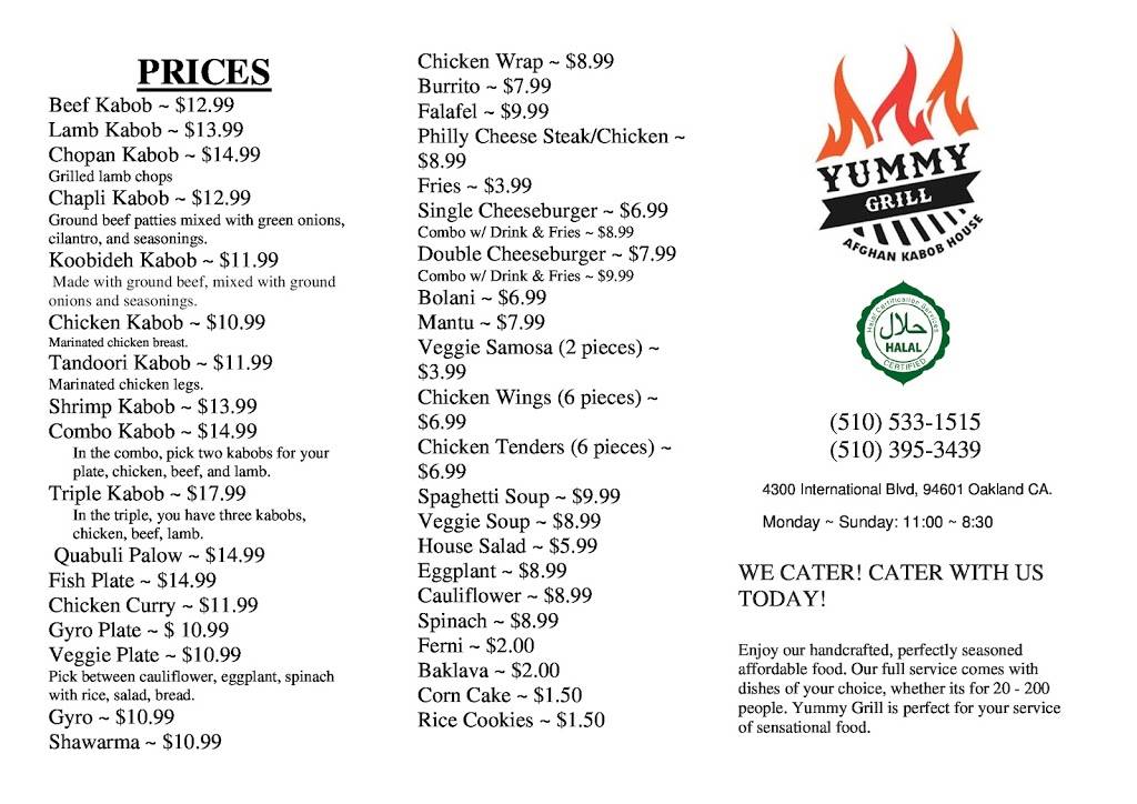 Yummy Grill Afghan Kabob House | restaurant | 4300 International Blvd, Oakland, CA 94601, USA | 5105331515 OR +1 510-533-1515