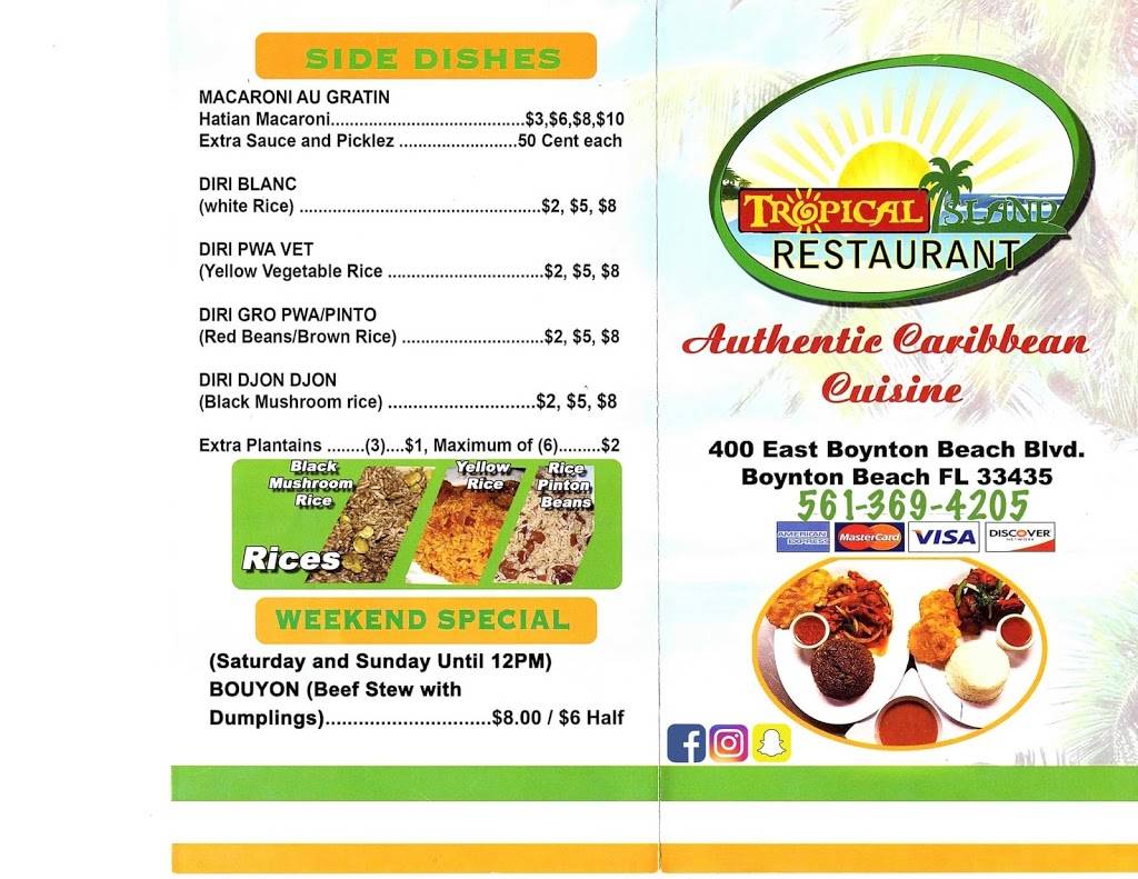 Tropical Island Restaurant | restaurant | 400 E Boynton Beach Blvd, Boynton Beach, FL 33435, USA | 5613694205 OR +1 561-369-4205