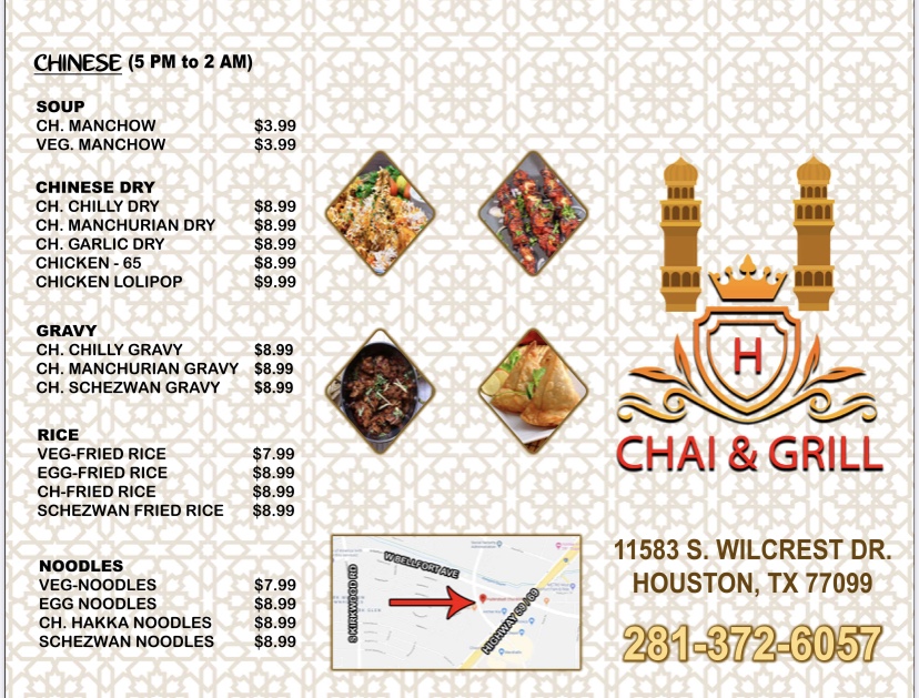 Hyderabadi Chai &Grill | restaurant | 11583 Wilcrest Dr, Houston, TX 77099, USA | 2813726057 OR +1 281-372-6057