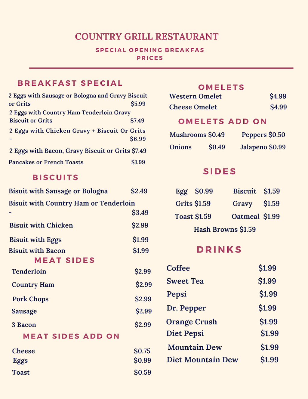 Country Grill Restaurant | restaurant | 753 US-45, Corinth, MS 38834, USA | 6628723080 OR +1 662-872-3080