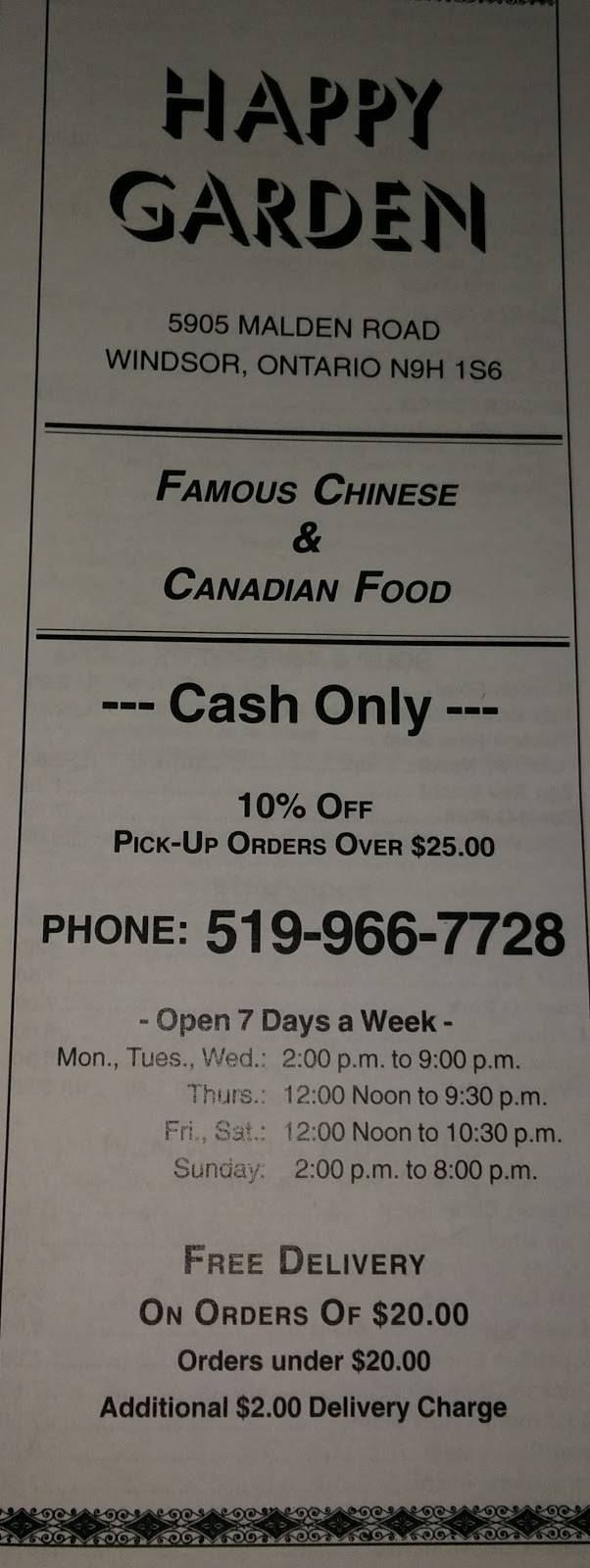 Happy Garden Restaurant | meal takeaway | 5905 Malden Rd, Windsor, ON N9H 1S6, Canada | 5199667728 OR +1 519-966-7728