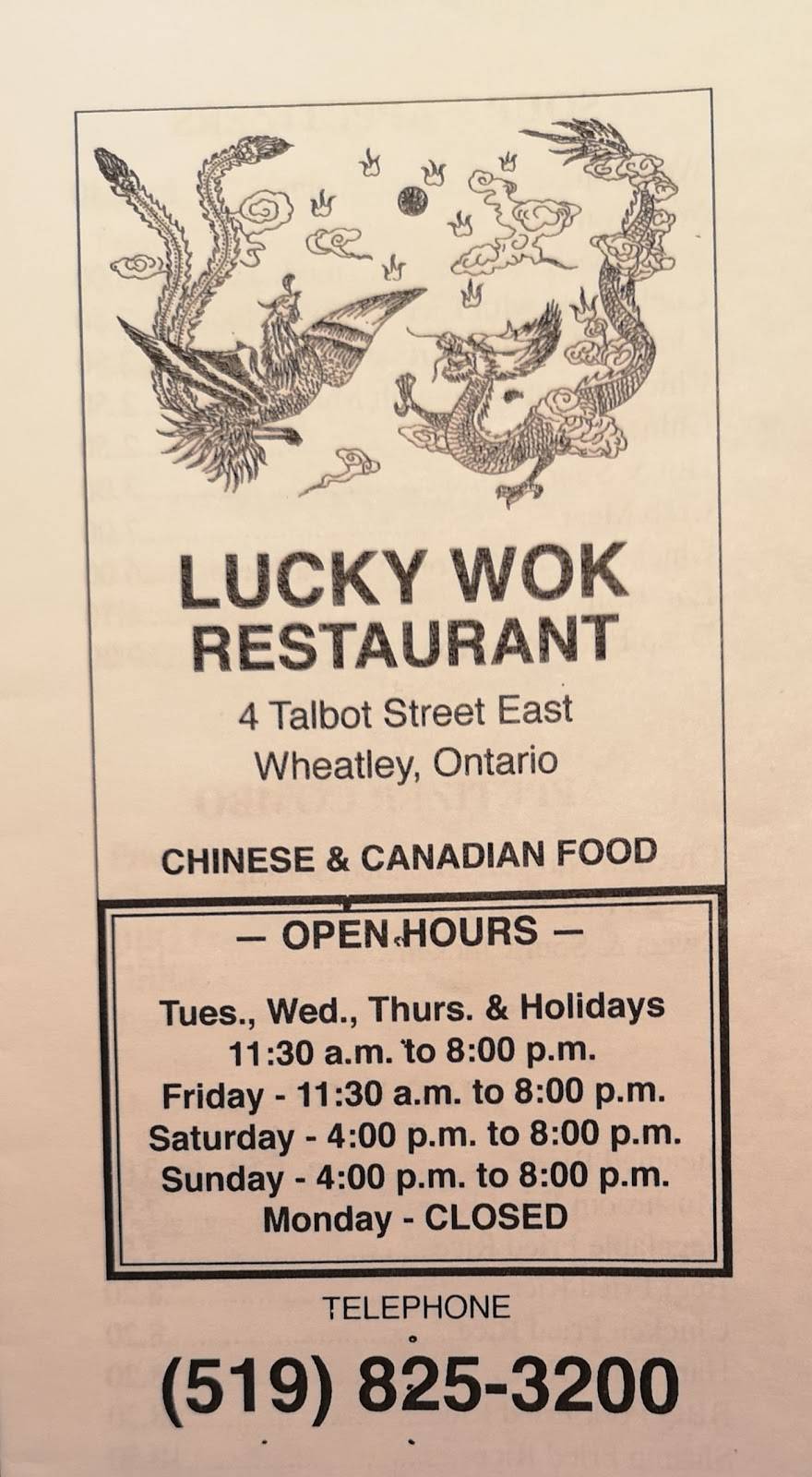 Lucky Wok Restaurant | restaurant | 4 Talbot Rd E, Wheatley, ON N0P 2P0, Canada | 5198253200 OR +1 519-825-3200