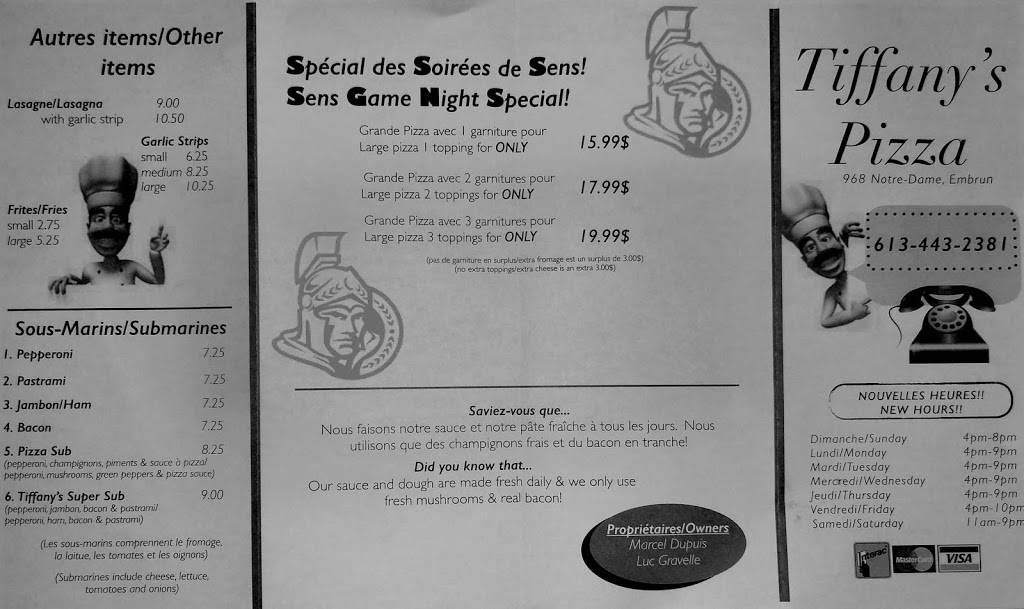 Tiffanys Pizza | restaurant | 968 Notre Dame St, Embrun, ON K0A 1W0, Canada | 6134432381 OR +1 613-443-2381