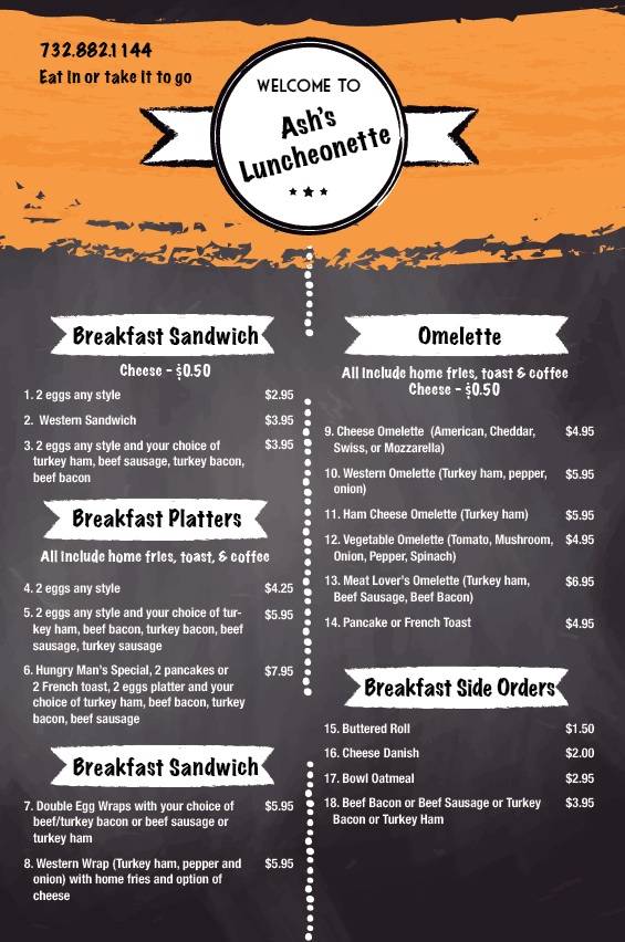 Ashs luncheonette | restaurant | 2186 Elizabeth Ave, Rahway, NJ 07065, USA | 7328821144 OR +1 732-882-1144