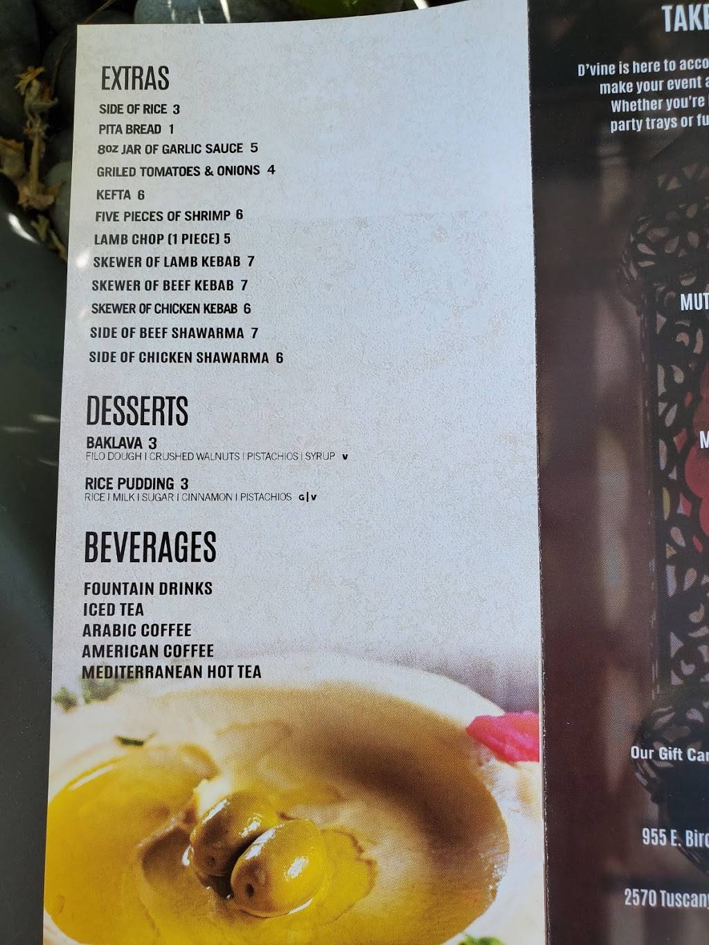 DVine a Mediterranean Experience | restaurant | 420 N Main St, Corona, CA 92880, USA | 9514273330 OR +1 951-427-3330