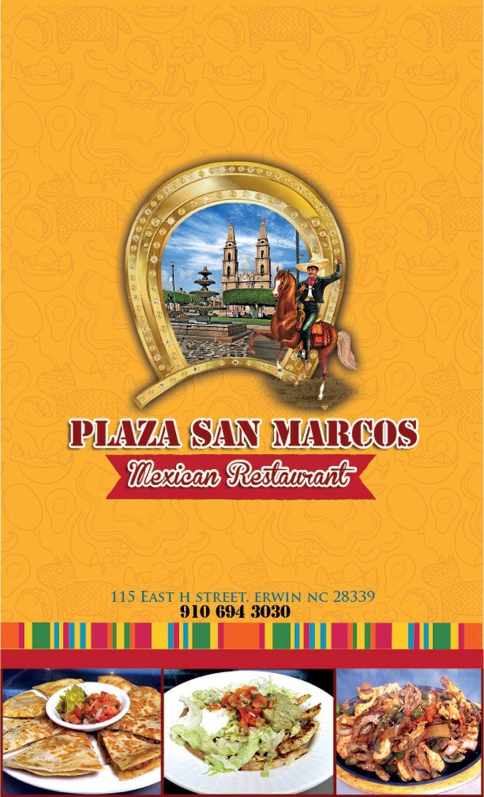 Plaza San Marcos Mexican Restaurant | restaurant | 115 E H St, Erwin, NC 28339, USA | 9106943030 OR +1 910-694-3030