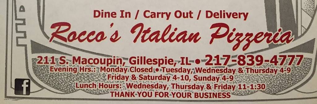 Roccos Pizzeria | restaurant | 211 S Macoupin St, Gillespie, IL 62033, USA | 2178394777 OR +1 217-839-4777