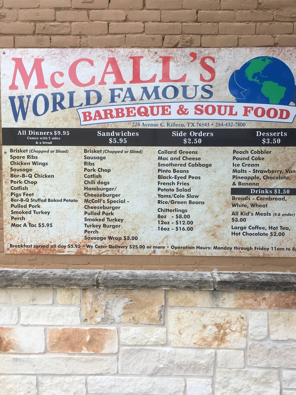 Mccalls World Famouse Barbeque And Soul Food | restaurant | 224 E Avenue C, Killeen, TX 76543, USA | 2544327800 OR +1 254-432-7800