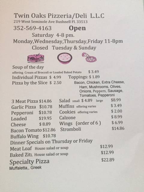 Twin Oaks Pizzeria, Deli | restaurant | 219 W Seminole Ave, Bushnell, FL 33513, USA | 3525694163 OR +1 352-569-4163