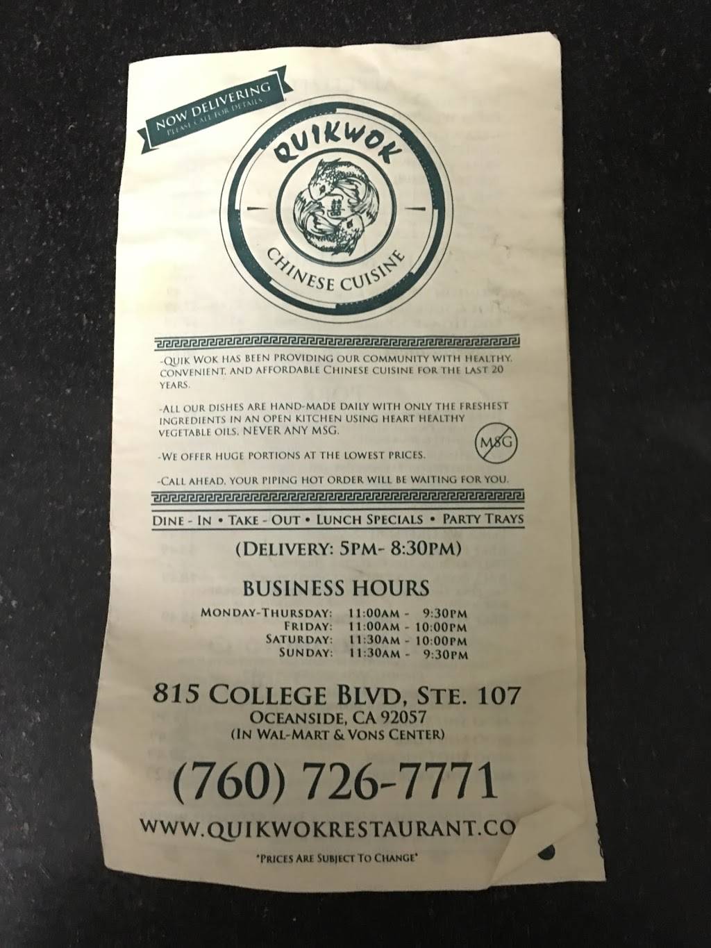 Quik Wok | restaurant | 815 College Blvd, Oceanside, CA 92057, USA | 7607267771 OR +1 760-726-7771