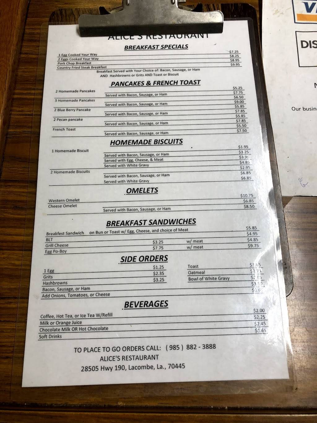 Alices Restaurant | restaurant | 28505 U.S. Hwy 190, Lacombe, LA 70445, USA | 9858823888 OR +1 985-882-3888
