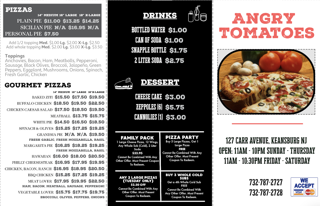 Angry Tomatoes Pizzeria | restaurant | 127 Carr Ave, Keansburg, NJ 07734, USA | 7327872727 OR +1 732-787-2727