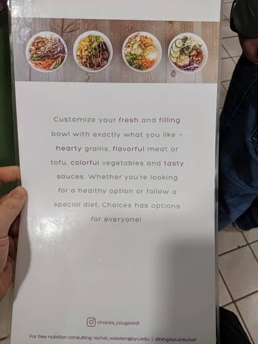 Choices | restaurant | Cougareat Food Court Suite 2250, Brigham Young University, Ernest L. Wilkinson Student Center, Provo, UT 84602, USA | 8014224134 OR +1 801-422-4134