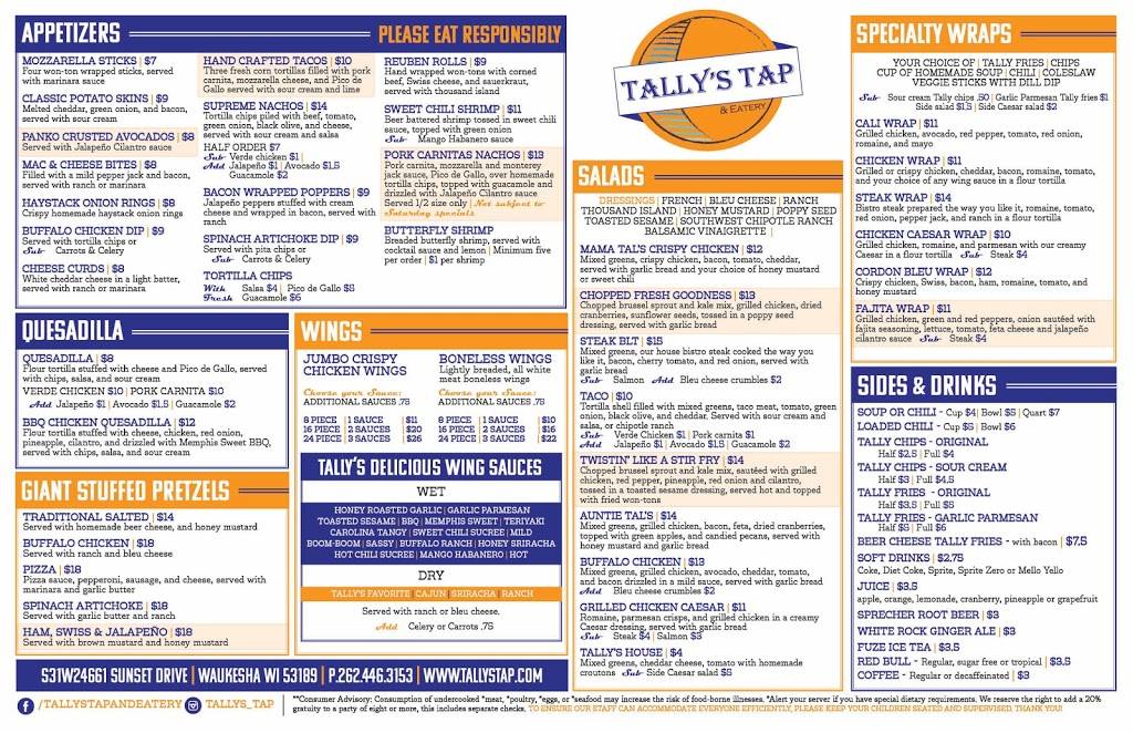 Tallys Tap & Eatery | restaurant | S31W24661 W Sunset Dr, Waukesha, WI 53189, USA | 2624463153 OR +1 262-446-3153