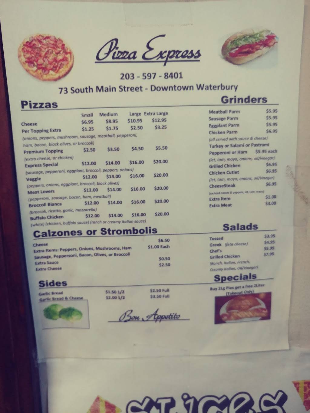 Pizza Express | restaurant | 73 S Main St, Waterbury, CT 06706, USA | 2035978401 OR +1 203-597-8401