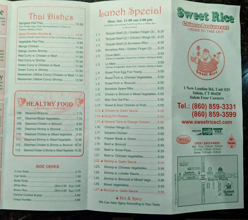 Sweet Rice Chinese Restaurant | restaurant | 1 New London Rd #25, Salem, CT 06420, USA | 8608593331 OR +1 860-859-3331