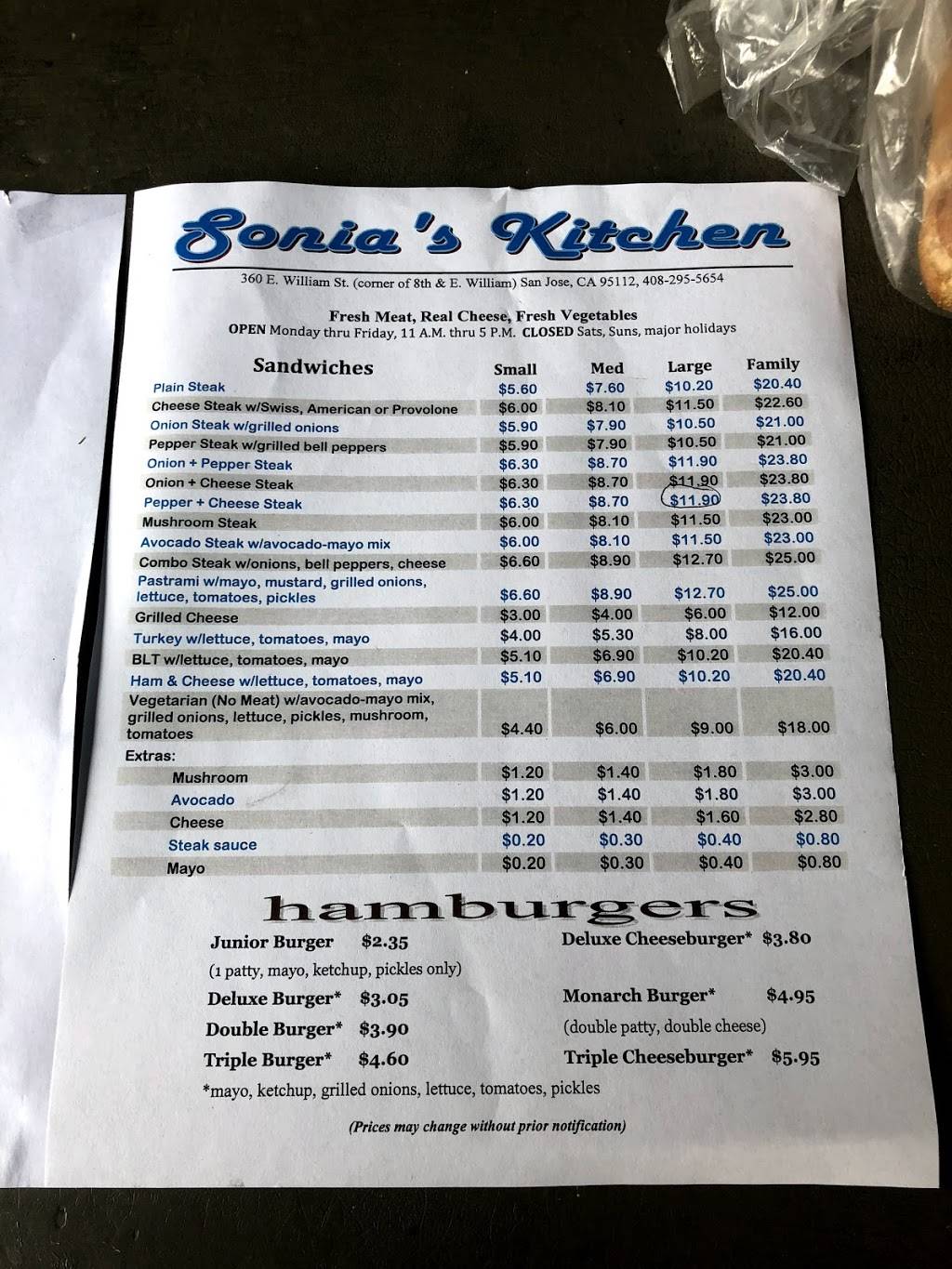 Sonias Kitchen | meal takeaway | 360 E William St, San Jose, CA 95112, USA | 4082955654 OR +1 408-295-5654