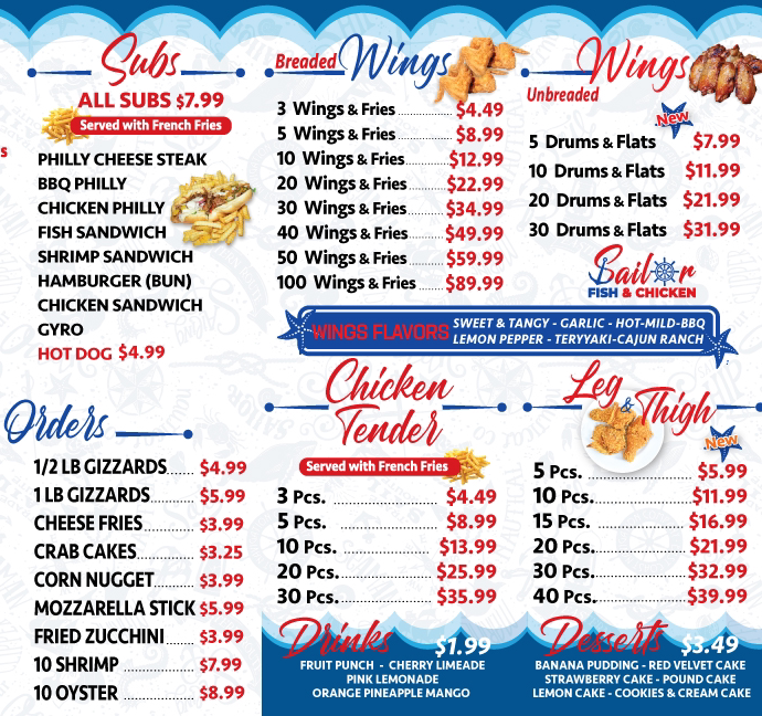 Sailor Fish & Chicken | restaurant | 7850 Atlantic Blvd, Jacksonville, FL 32211, USA | 9045033476 OR +1 904-503-3476