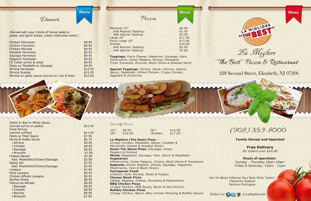 La Migliore Pizza & Restaurant | restaurant | 228 Second St, Elizabeth, NJ 07206, USA | 9083538000 OR +1 908-353-8000