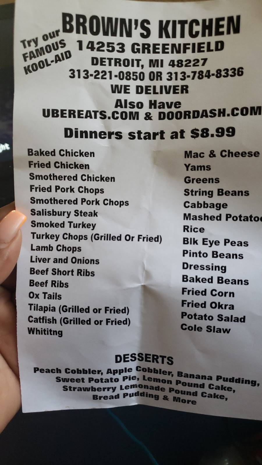 Browns Southern Kitchen | restaurant | 14253 Greenfield Rd, Detroit, MI 48227, USA | 3137848336 OR +1 313-784-8336