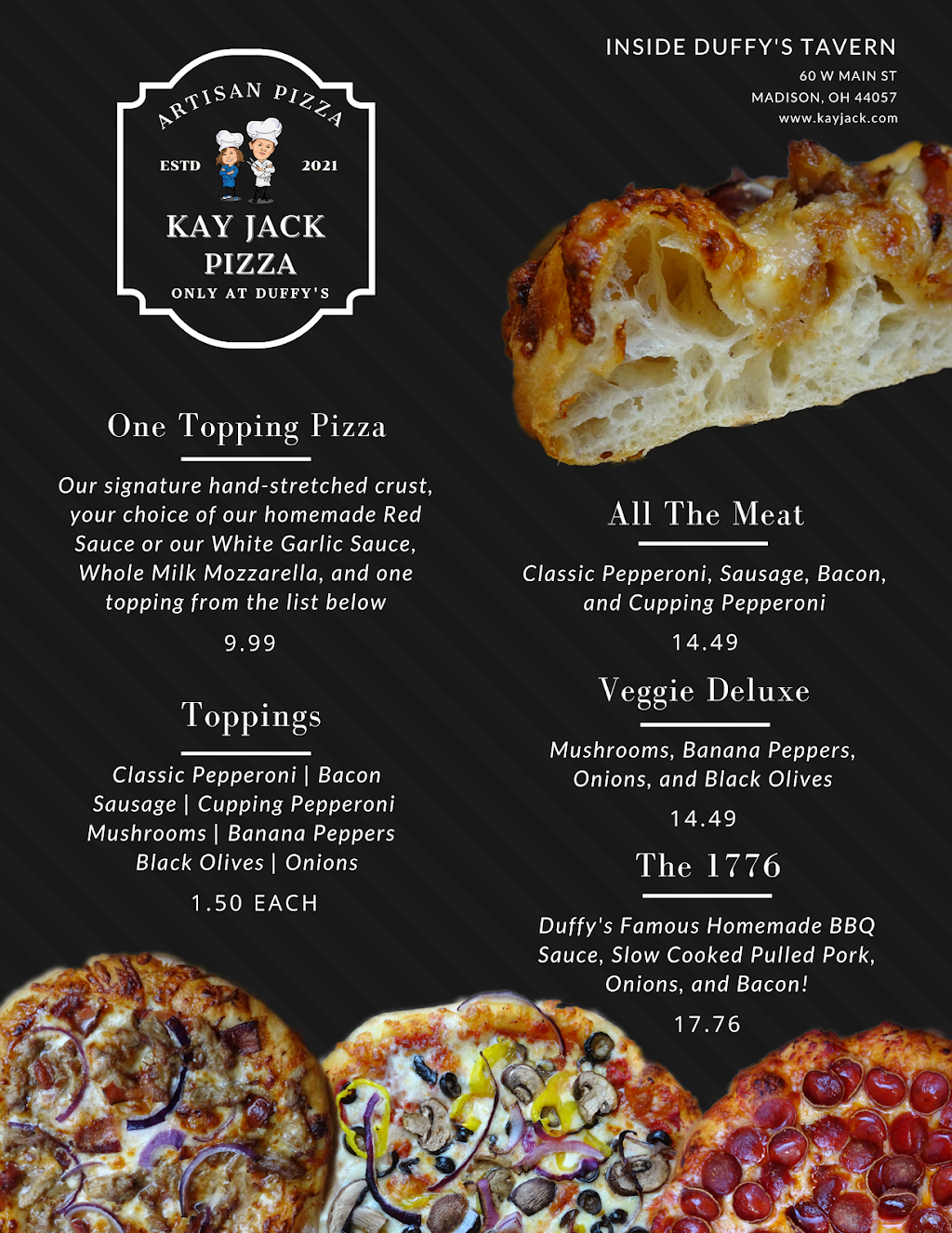 Kay Jack Pizza | meal takeaway | Inside Duffys Tavern, 60 W Main St, Madison, OH 44057, USA | 4404289937 OR +1 440-428-9937