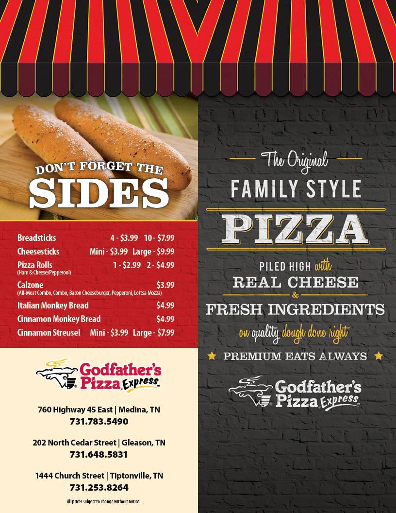 Godfathers Pizza Express | restaurant | 760 Hwy 45 E, Medina, TN 38355, USA | 7317835490 OR +1 731-783-5490