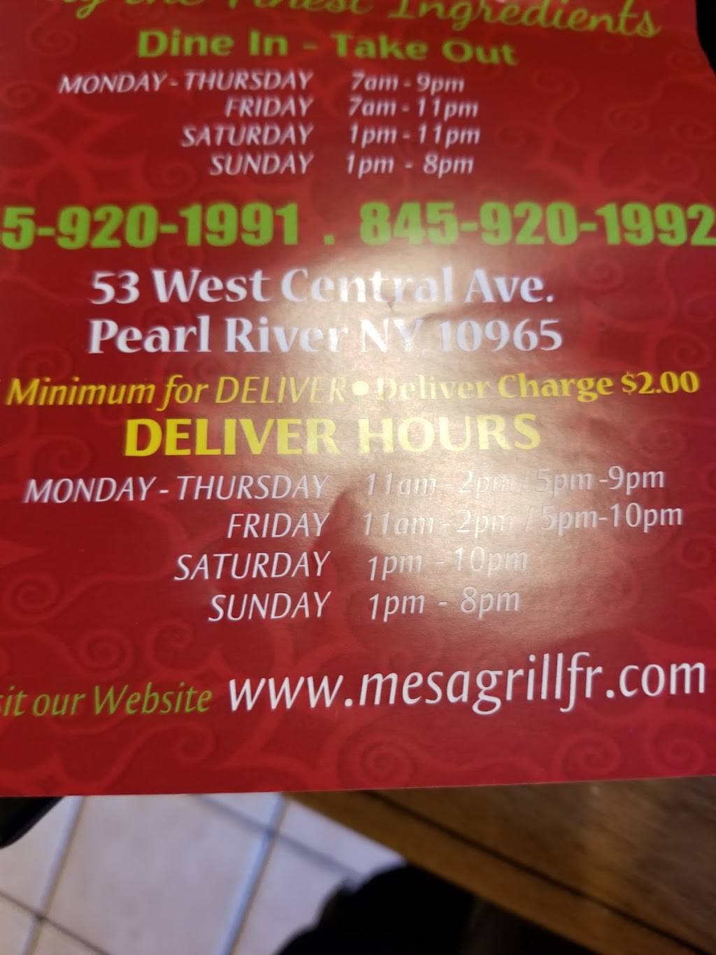 Mesa Grill | restaurant | 53 W Central Ave, Pearl River, NY 10965, USA | 8459201991 OR +1 845-920-1991