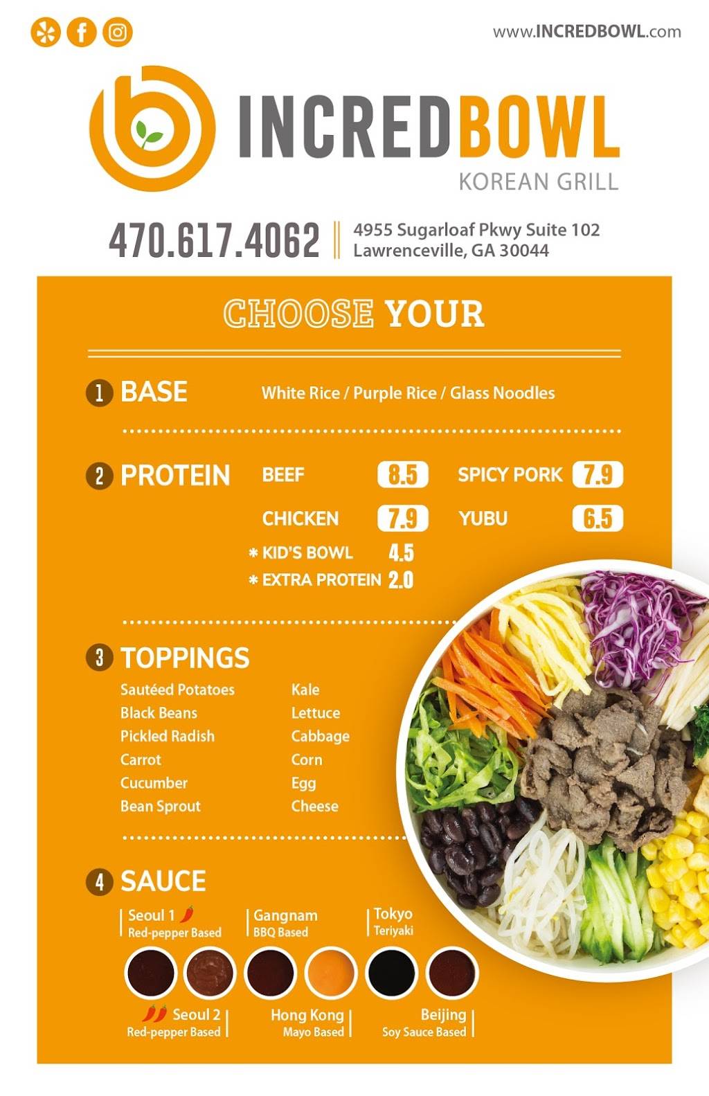 Incredbowl Korean Grill | restaurant | 4955 Sugarloaf Pkwy #102, Lawrenceville, GA 30044, USA | 4706174062 OR +1 470-617-4062