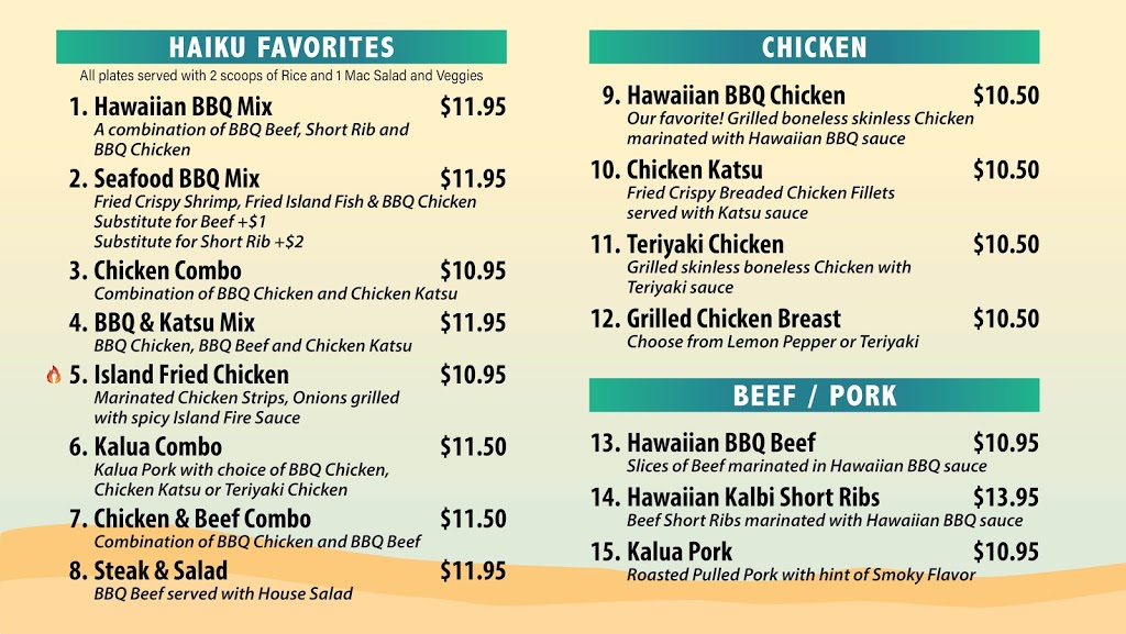 Haiku Hawaiian bbq | restaurant | 1253 N Davis Rd, Salinas, CA 93907, USA | 8319987983 OR +1 831-998-7983
