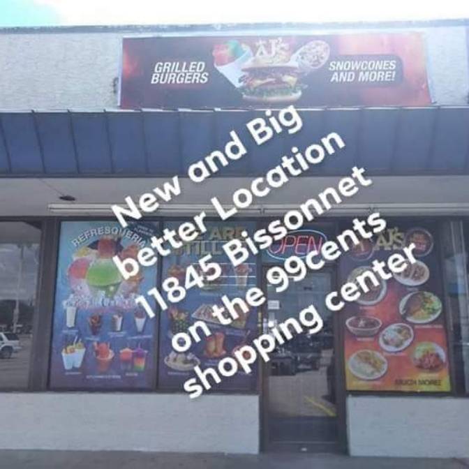 AJs Grilled Burgers and Snowcones | restaurant | 11845 Bissonnet St, Houston, TX 77072, USA | 2819888888 OR +1 281-988-8888