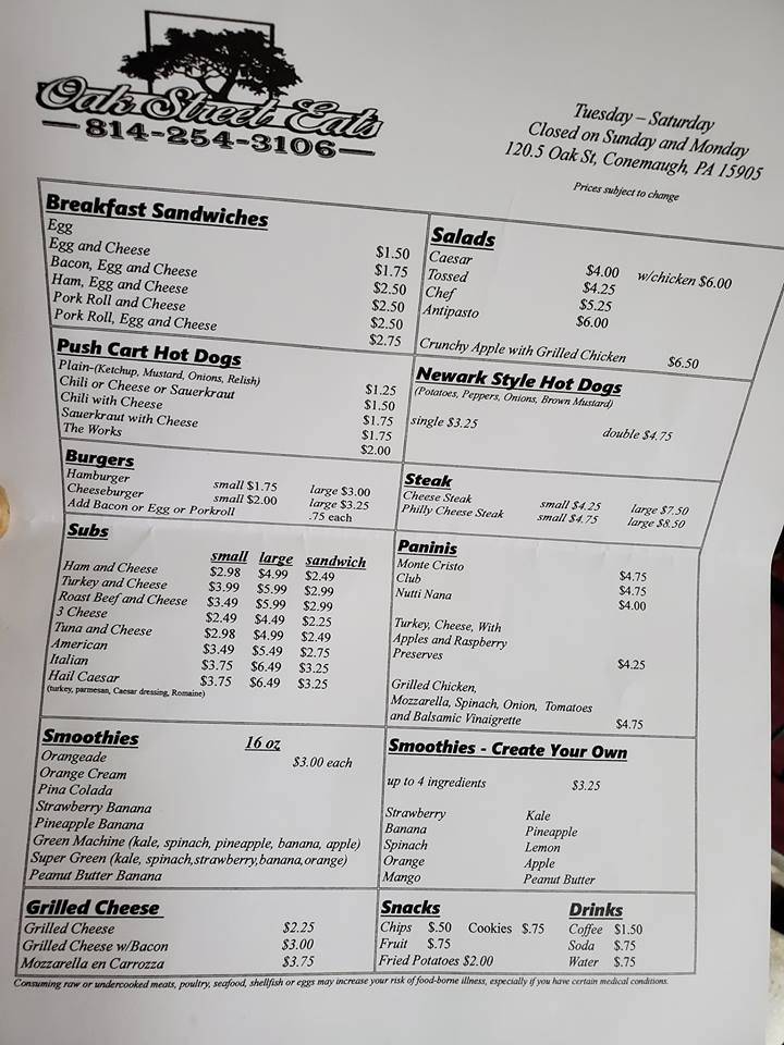 Oak Street Eats | restaurant | 120 1/2 Oak St, Johnstown, PA 15909, USA | 8142543106 OR +1 814-254-3106