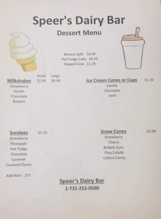 Speers Dairy Bar | restaurant | 20785 Seminary St, Hollow Rock, TN 38342, USA | 7312520500 OR +1 731-252-0500