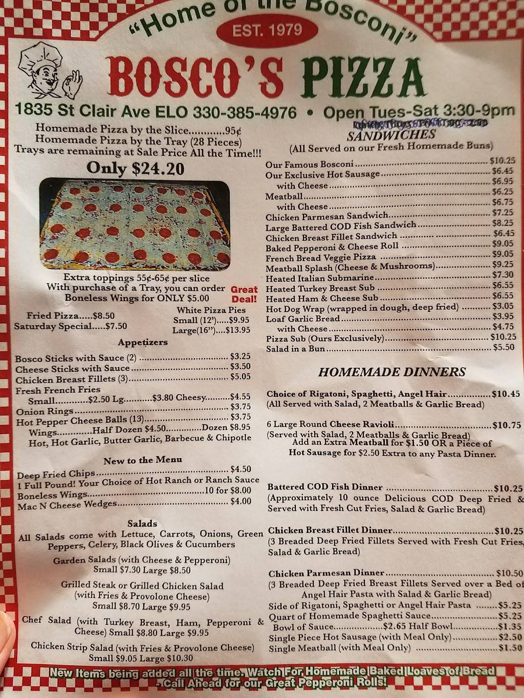 Boscos Pizza | restaurant | 1835 St Clair Ave, East Liverpool, OH 43920, USA | 3303854976 OR +1 330-385-4976