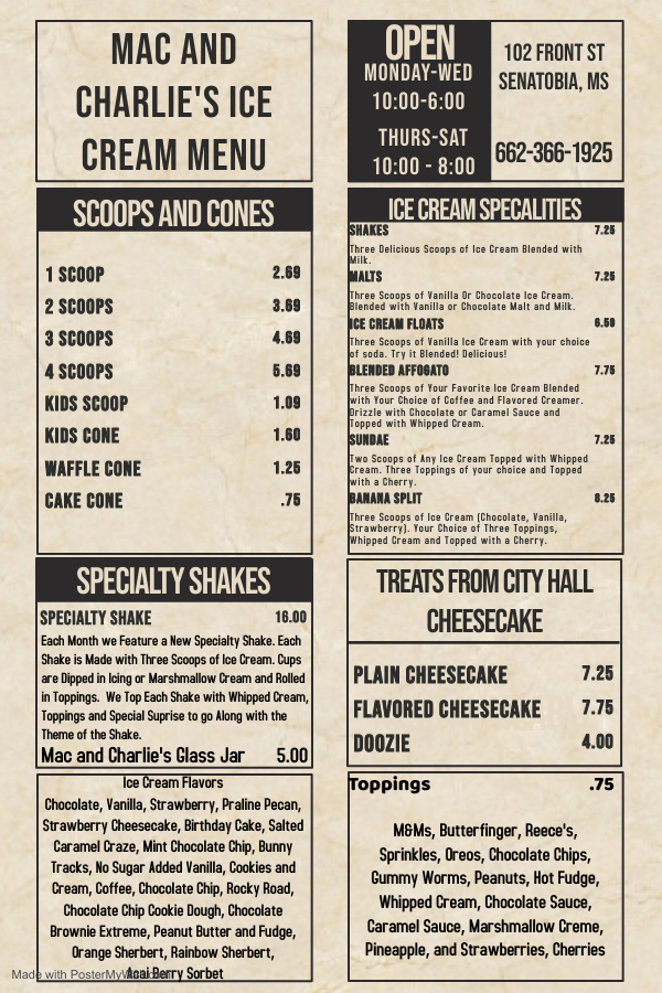 Mac and Charlies Soda Shoppe | restaurant | 102 N Front St, Senatobia, MS 38668, USA | 6623661925 OR +1 662-366-1925