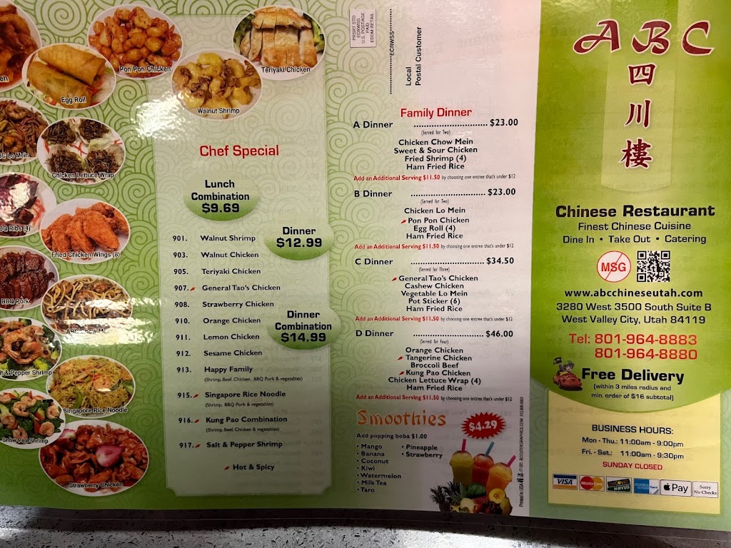 ABC Chinese Restaurant | meal delivery | 3280 W 3500 S suite b, West Valley City, UT 84119, USA | 8019648883 OR +1 801-964-8883