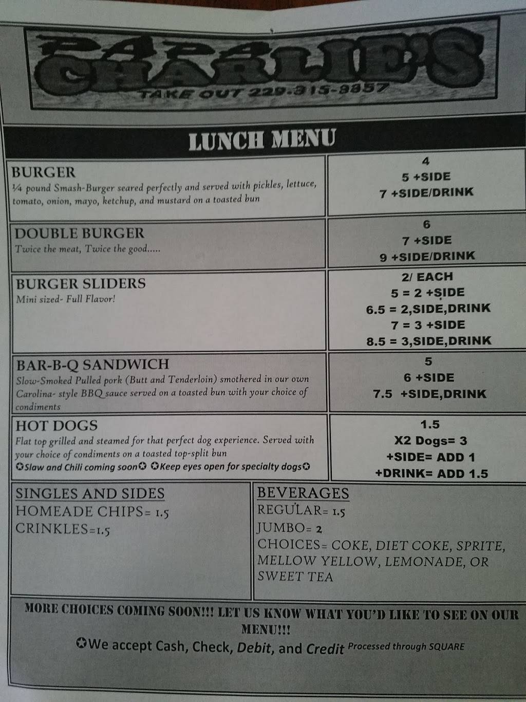 Papa Charlies | restaurant | 1014 3rd Ave, McRae-Helena, GA 31055, USA | 2293153357 OR +1 229-315-3357