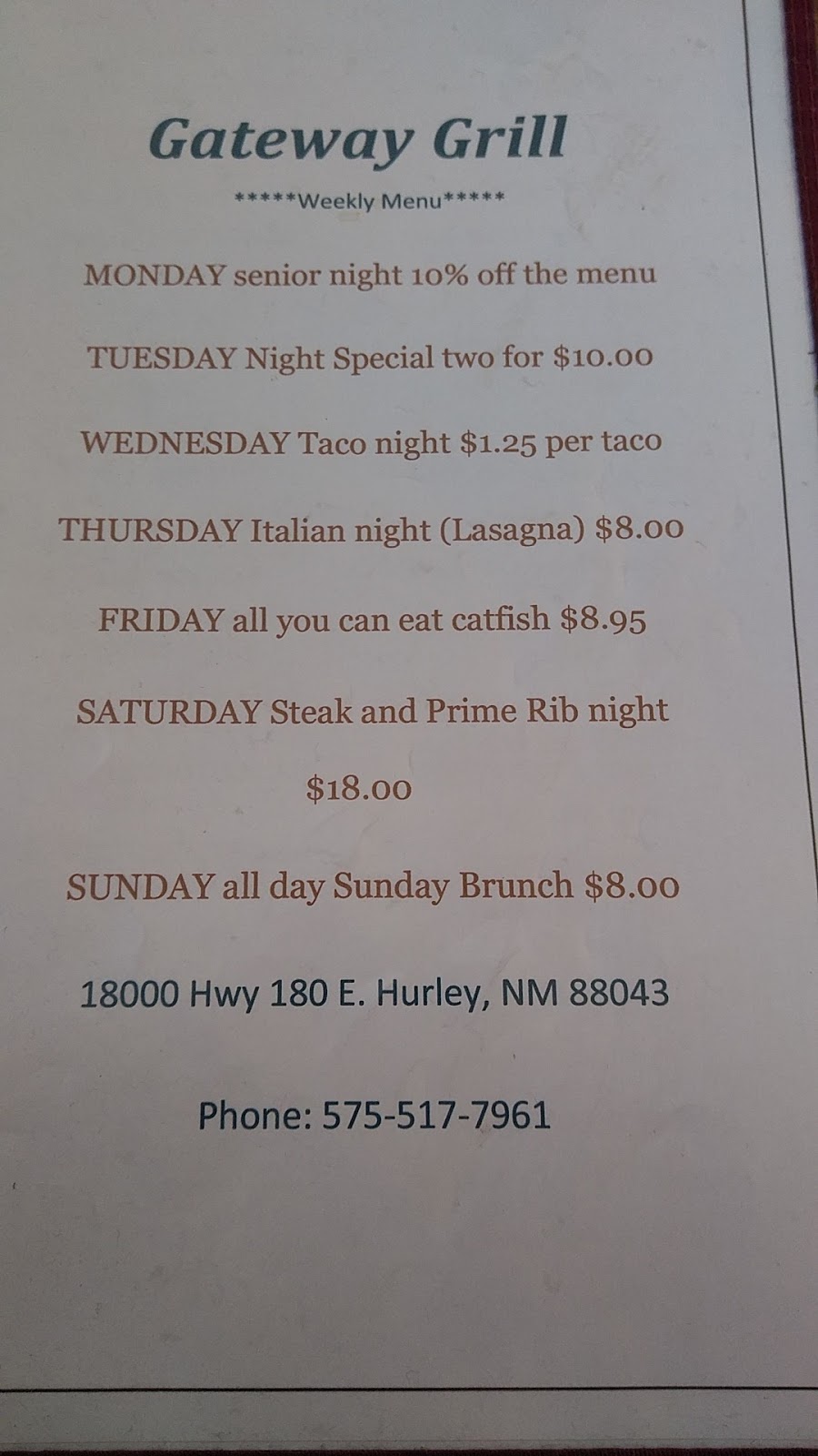 Gateway Grill | restaurant | 18000 US-180, Hurley, NM 88043, USA | 5755177961 OR +1 575-517-7961
