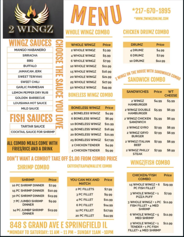 2 WINGZ | restaurant | 848 S Grand Ave E, Springfield, IL 62703, USA | 2176701895 OR +1 217-670-1895
