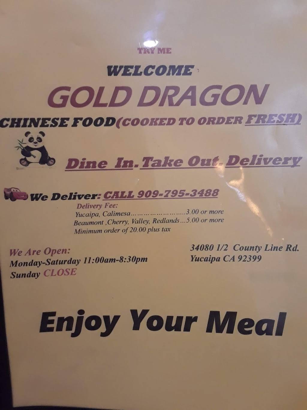 Gold Dragon Express | restaurant | 34078 County Line Rd, Yucaipa, CA 92399, USA | 9097953488 OR +1 909-795-3488
