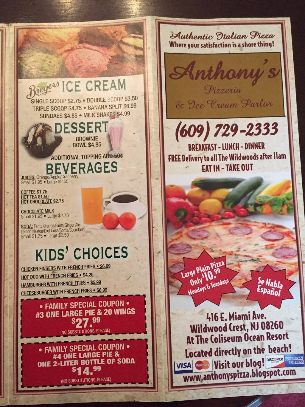 Anthonys Pizzeria & Ice Cream Parlor | restaurant | 416 E Miami Ave, Wildwood Crest, NJ 08260, USA | 6097292333 OR +1 609-729-2333