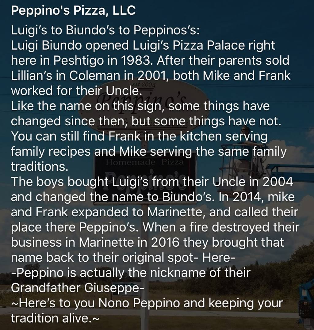 Peppinos Pizza, LLC | restaurant | W4343 Stibbe Ln, Peshtigo, WI 54157, USA | 7155824999 OR +1 715-582-4999