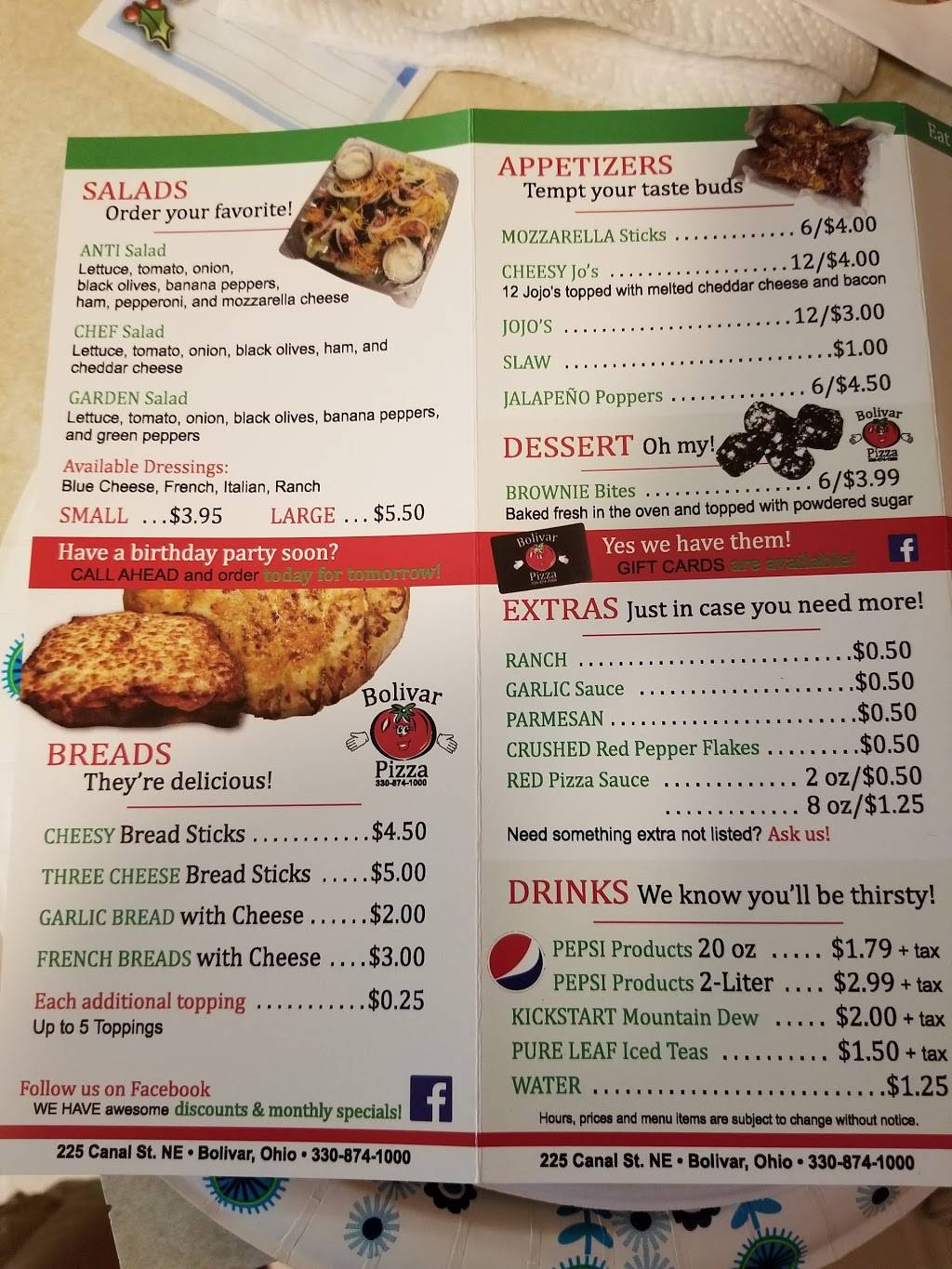 Bolivar Pizza, INC | restaurant | 225 Canal St, Bolivar, OH 44612, USA | 3308741000 OR +1 330-874-1000