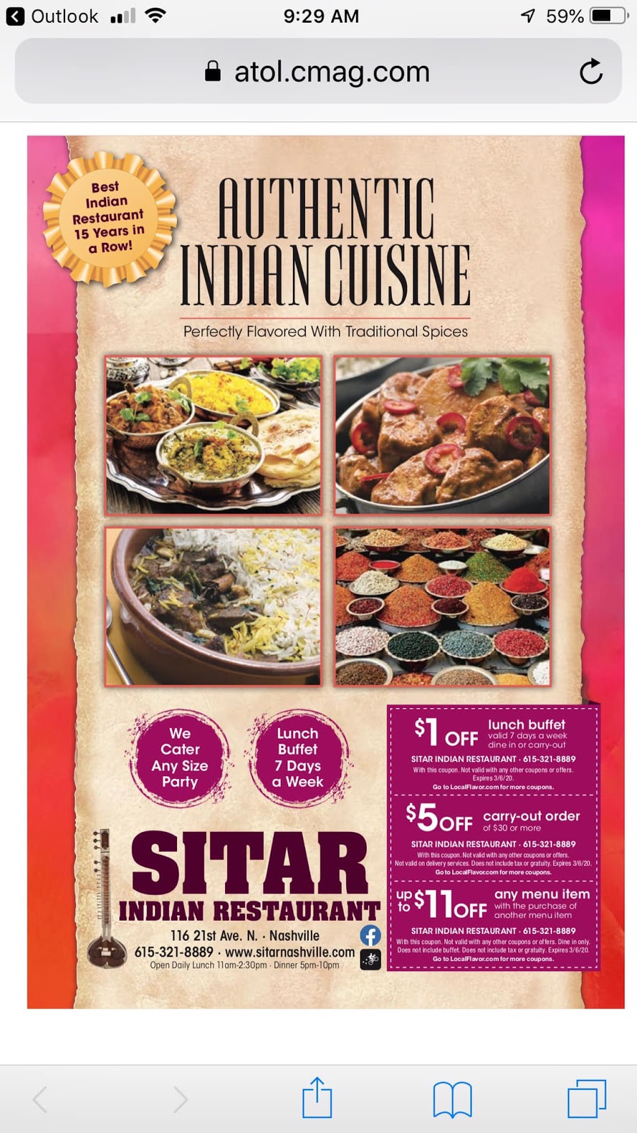Sitar Indian Cuisine | restaurant | 116 21st Ave N, Nashville, TN 37203, USA | 6153218889 OR +1 615-321-8889