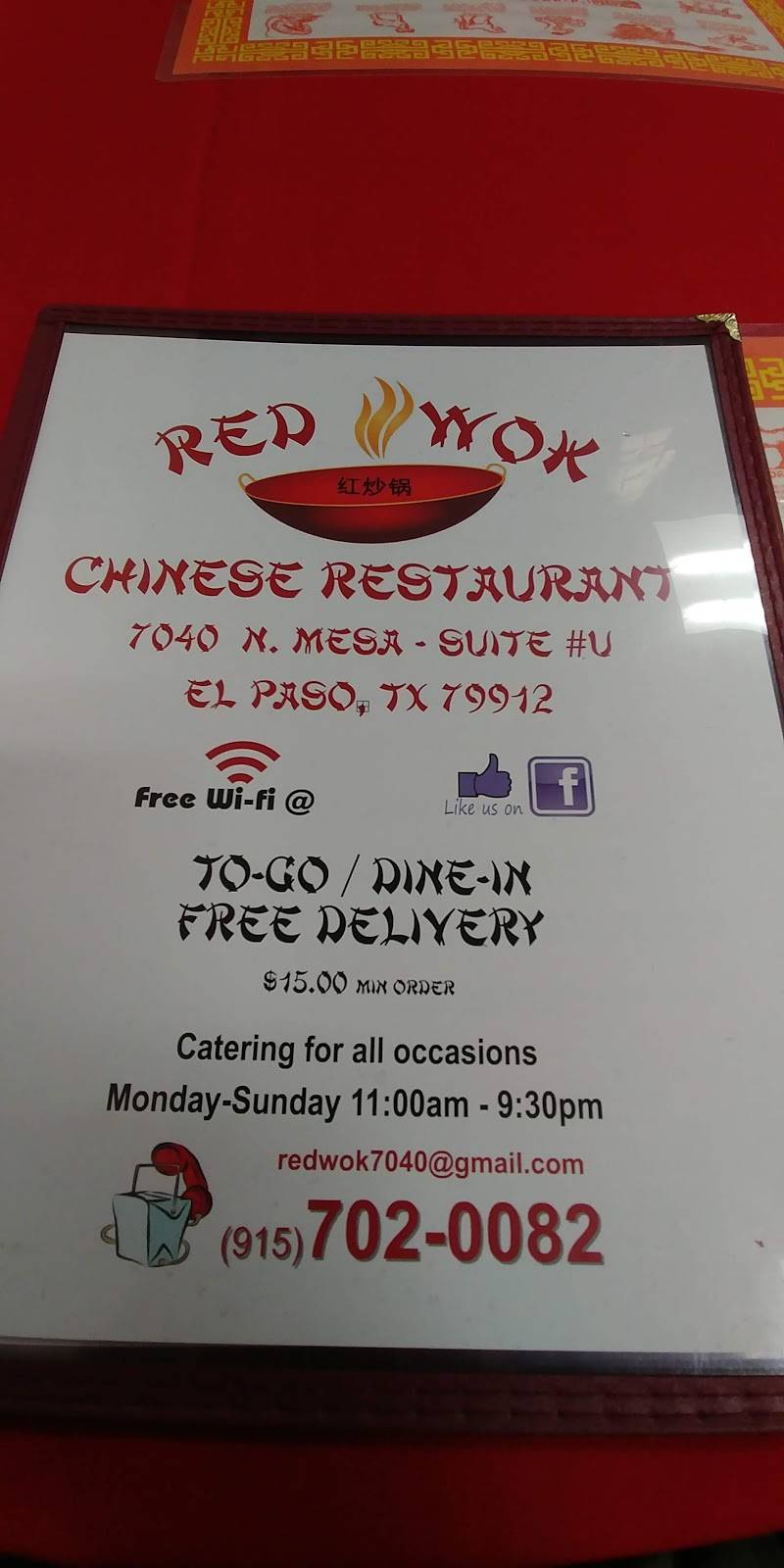 Red Wok | restaurant | 7040 N Mesa St Suite U, El Paso, TX 79912, USA | 9157020082 OR +1 915-702-0082