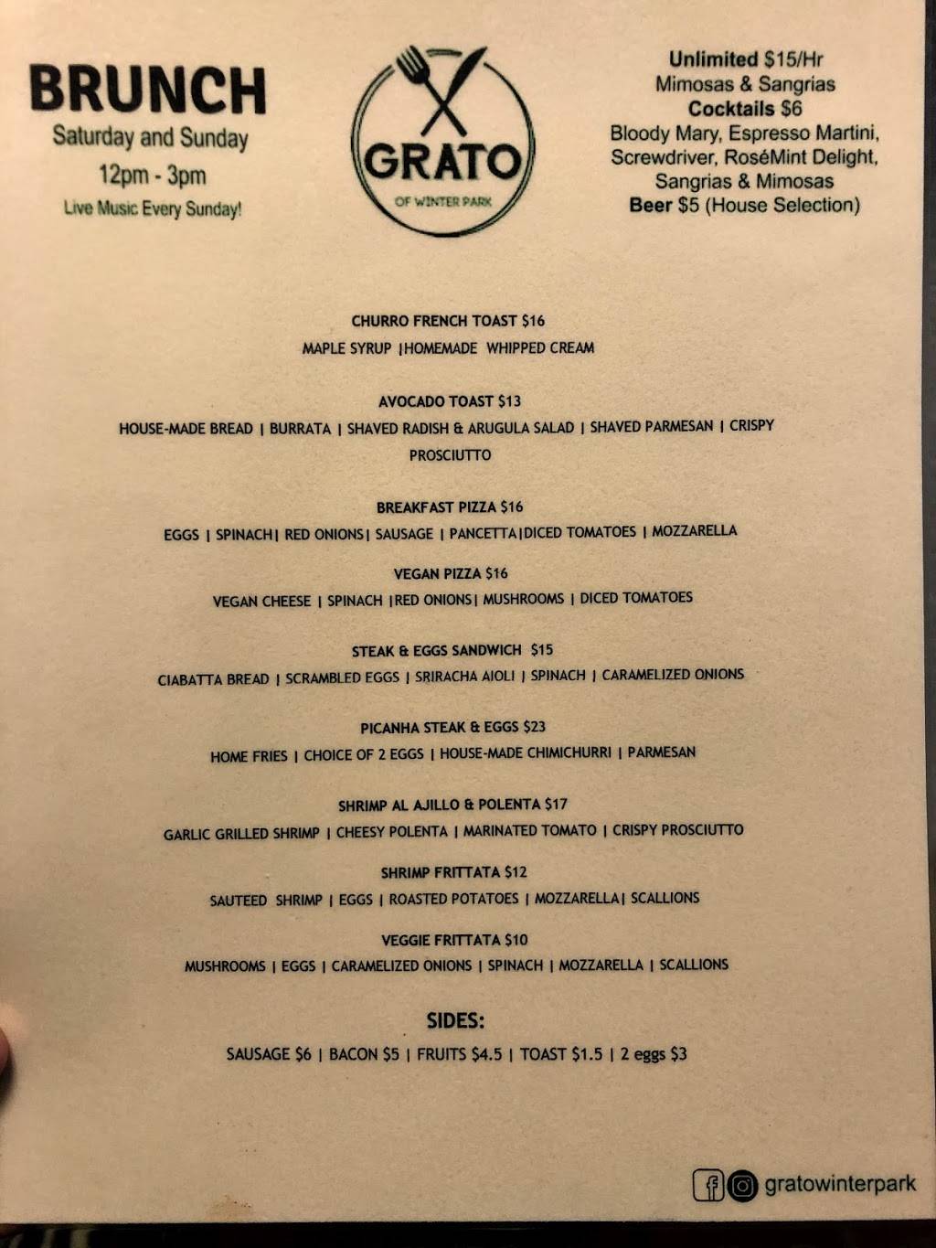 GRATO of Winter Park | restaurant | 528 S Park Ave, Winter Park, FL 32789, USA | 4076367222 OR +1 407-636-7222