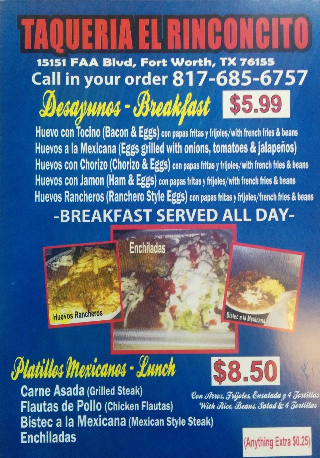 Taqueria El Rinconcito | restaurant | 15151 FAA Blvd, Fort Worth, TX 76155, USA | 8172017069 OR +1 817-201-7069