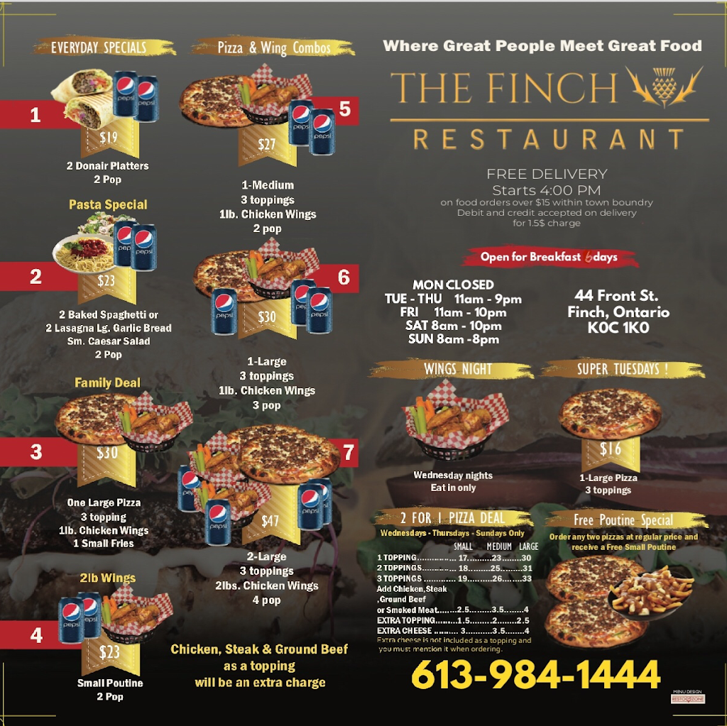 The Finch Restaurant | restaurant | 44 Front St, Finch, ON K0C 1K0, Canada | 6139841444 OR +1 613-984-1444