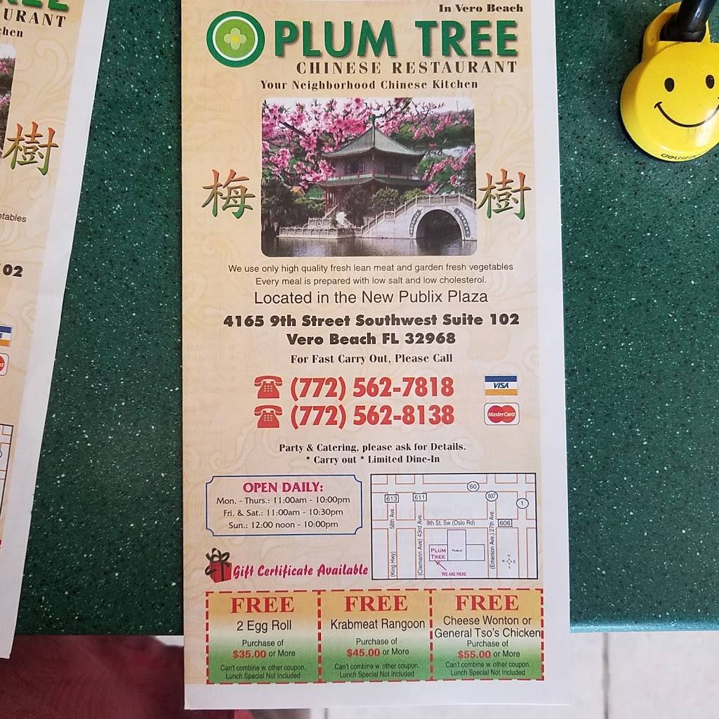 Plum Tree Chinese Restaurant | restaurant | 4125 9th St SW, Vero Beach, FL 32968, USA | 7725627818 OR +1 772-562-7818